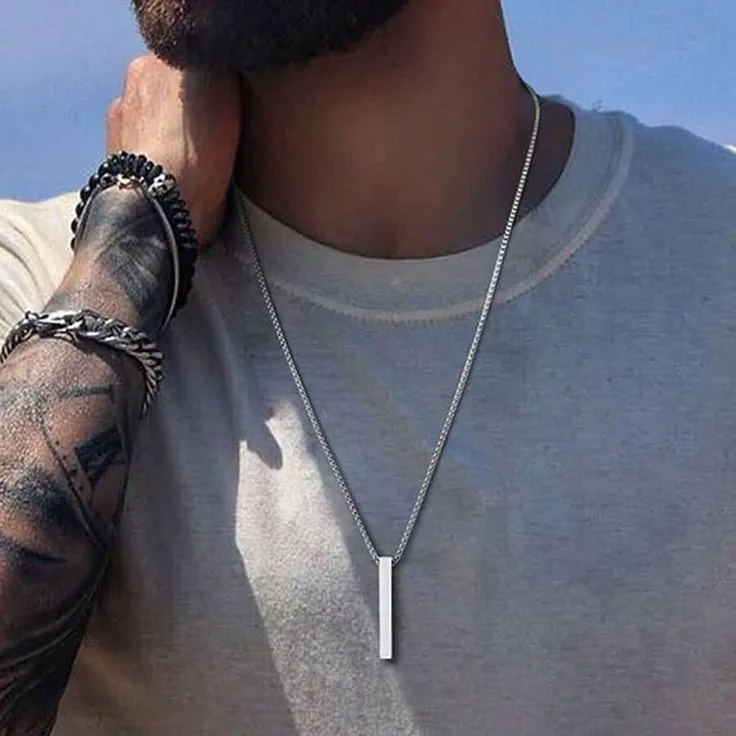 Bar Pendant Necklace For Men Stainless Steel Box Chain Pendant Men's Necklace Jewelry Length 28inch.webp