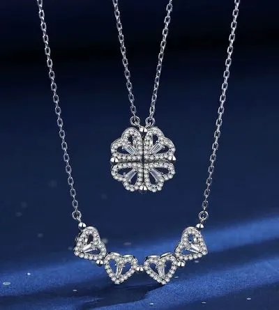 Magnetic Four Heart Clover Silver Necklace.webp