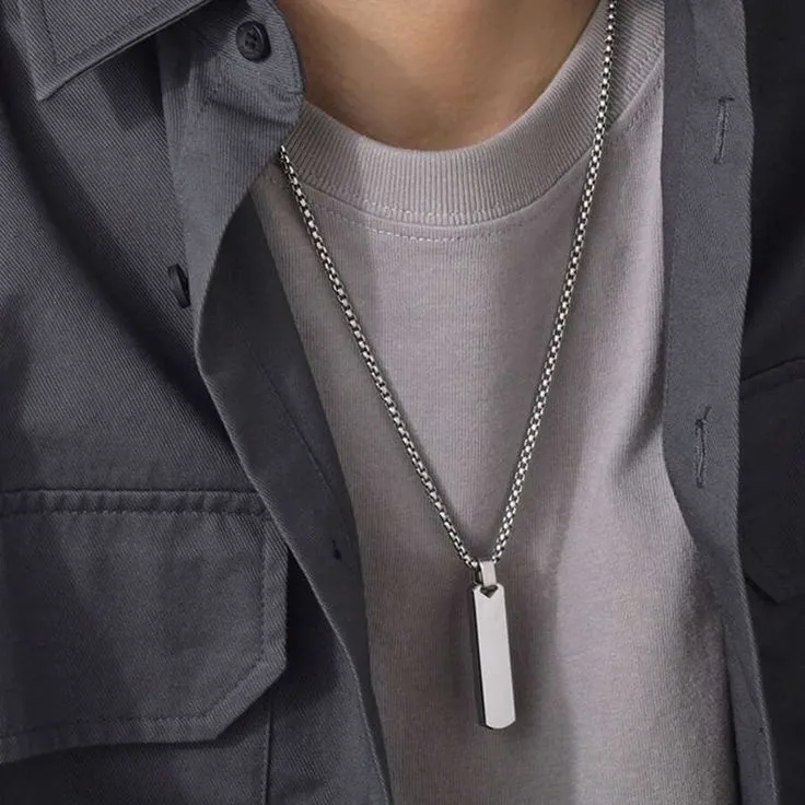 Zuri Silver Long Bar Geometric Pendant Necklace (Engravable)