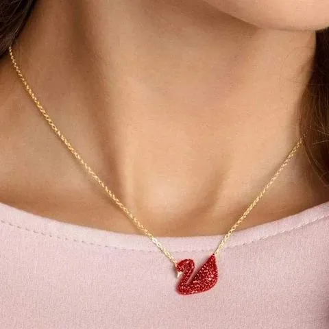 Ruby Red Crystal Pave Swan Pendant Necklace in Gold Tone